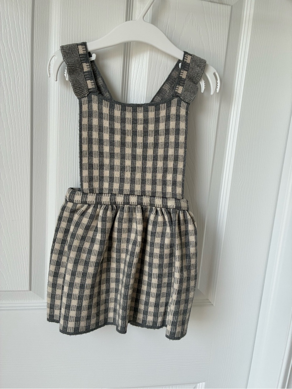 Zara Knitwear Baby Gingham Knit Pinafore Dress in Cream and Gray